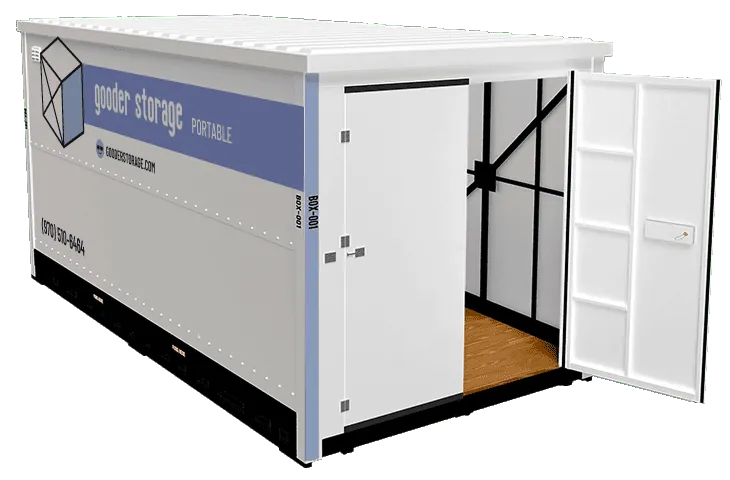 Gooder Storage portable storage box with doors open, showing the Gooder logo and phone number.