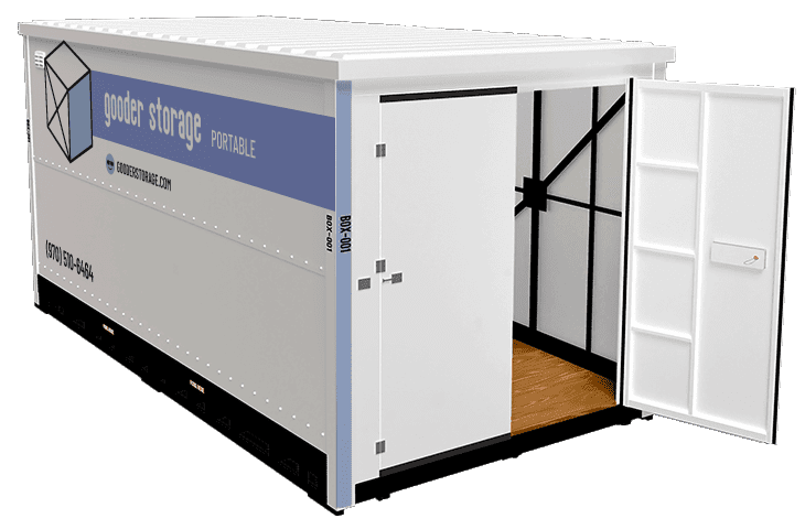Gooder Storage portable storage box with doors open, showing the Gooder logo and phone number.