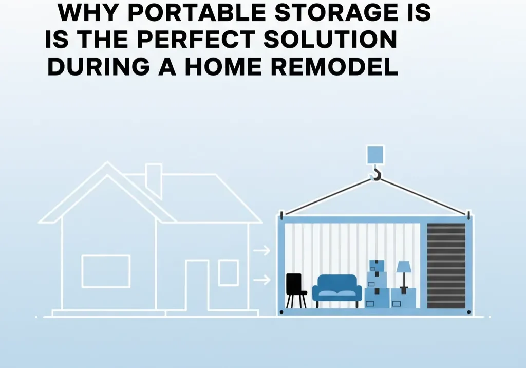 Portable storage home remodel hero Illustration of a house outline beside a portable storage container holding a sofa and boxes, with the title Why Portable Storage Is the Perfect Solution During a Home Remodel
