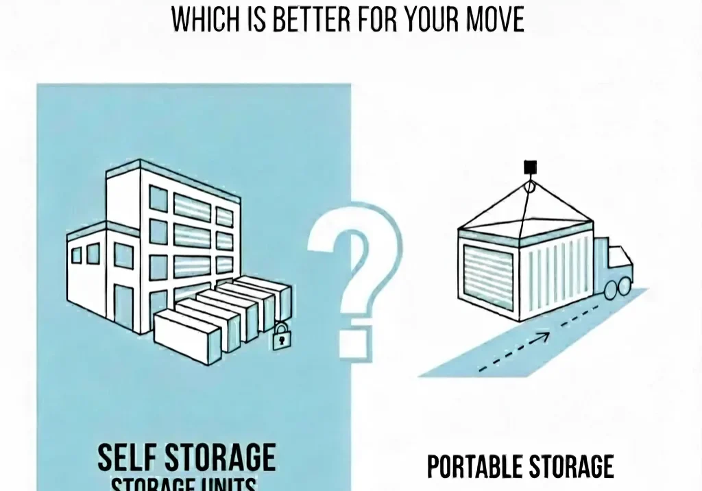 Self storage vs portable storage comparison Illustration comparing a self-storage building with stacked boxes to a portable storage container being delivered by truck